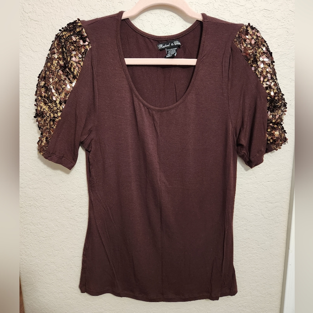 Rachael and Chloe top with gold sequin sleeves